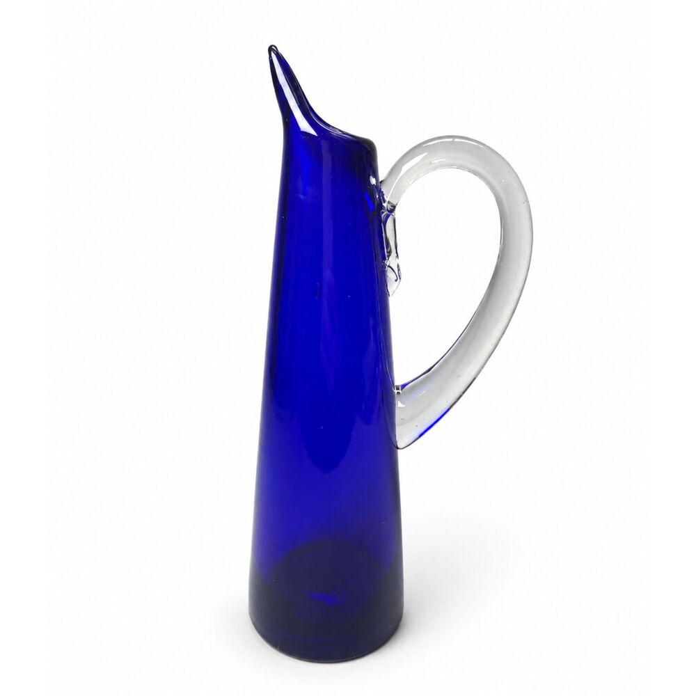 Vintage Hand Blown Cobalt Blue Art Glass Ewer Decorative Pitcher Vase 7.75”